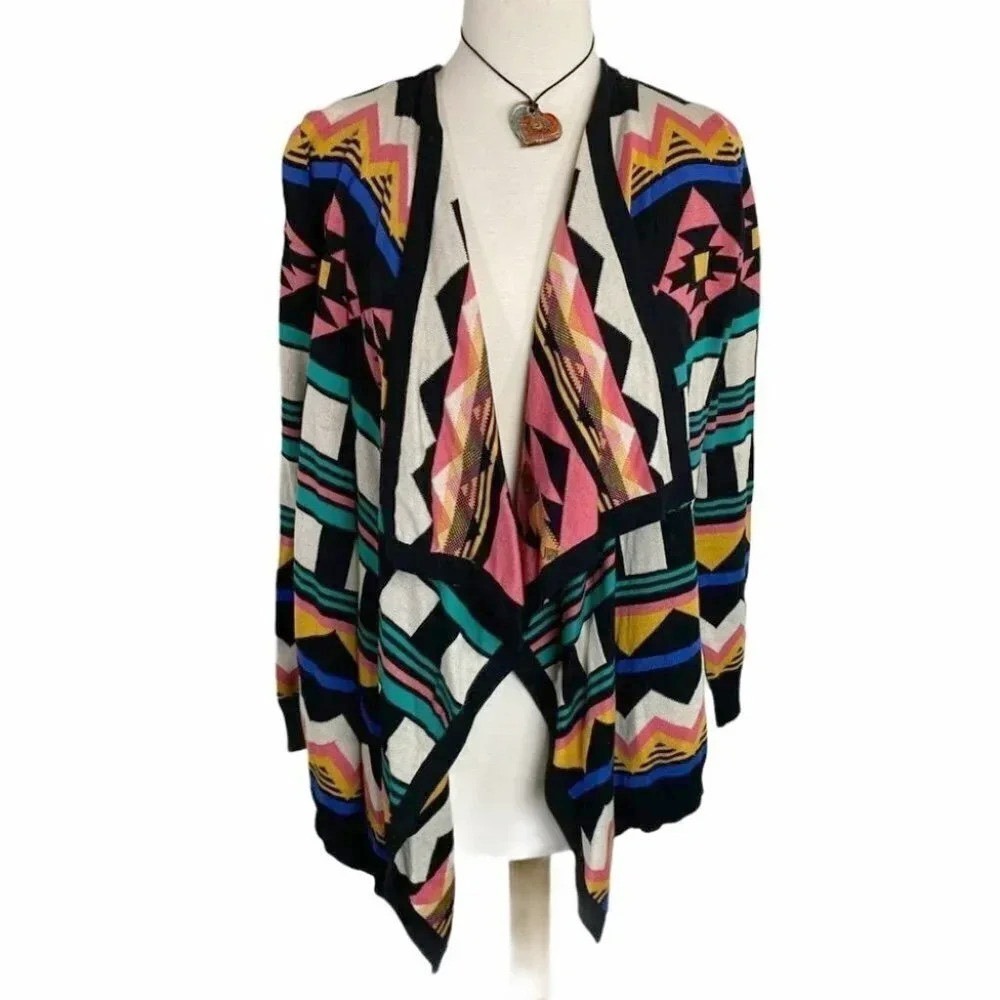 Forever 21 Cardigan Medium Multicolor Aztec Southwestern Geometric Open Front